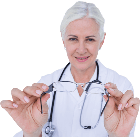 Transparent smiling female doctor holding glasses