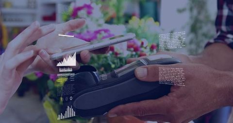 Contactless payment at flower shop accepting mobile wallet with pos reader and data overlays