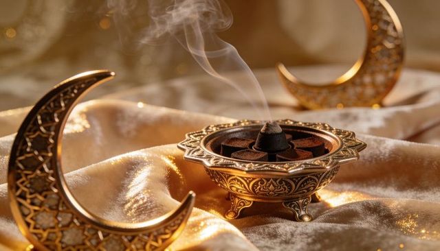 Glowing ornate incense burner releasing curling smoke on gold satin with filigree crescents
