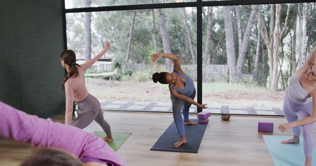 A diverse group of individuals are practicing yoga in a sunlit studio with large windows showcasing a forest view. The participants are positioned on yoga mats, engaging in different yoga poses. This image is ideal for use in wellness blogs, fitness advertisements, yoga class promotions, and health and lifestyle articles.