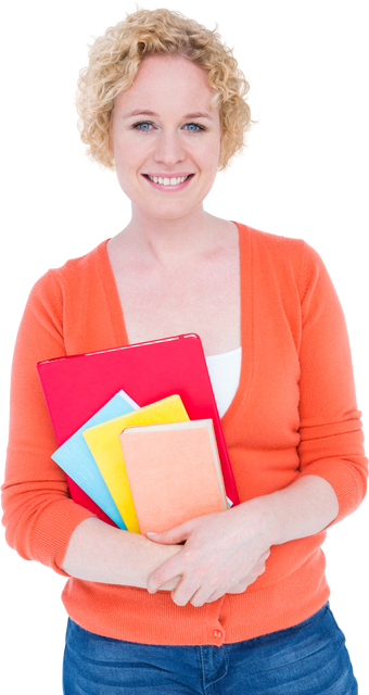 Happy Blonde Woman Holding Colorful Notebooks Transparent Background - Download Free Stock Videos Pikwizard.com