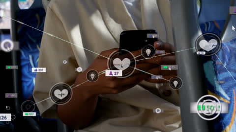 Person Engaged with Smartphone Amid Digital Network Overlay