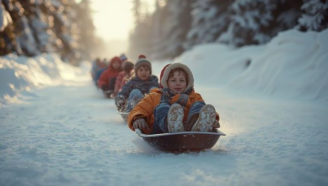 Joyful Children Sledding Through Snowy Forest Landscape at Winter