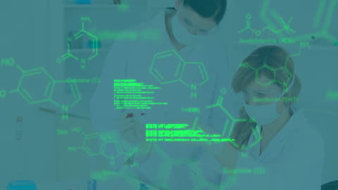 Scientists Analyzing Chemical Formulas in Laboratory with Data Overlays