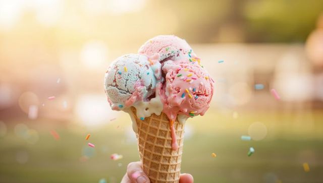 Melting pastel ice cream cone with triple scoops and colorful sprinkles at golden hour