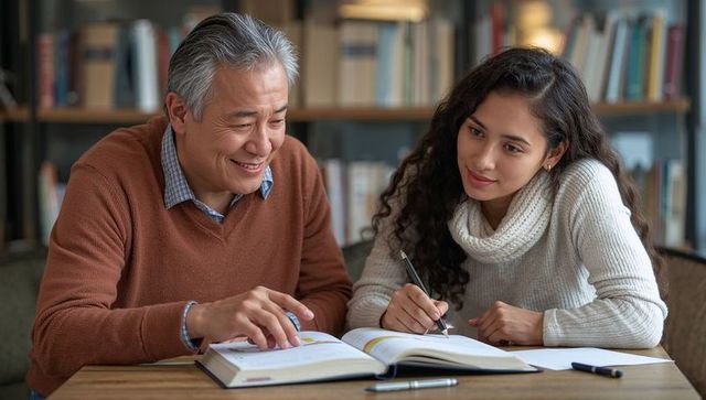 Experienced tutor guiding young student studying together at book-filled study table