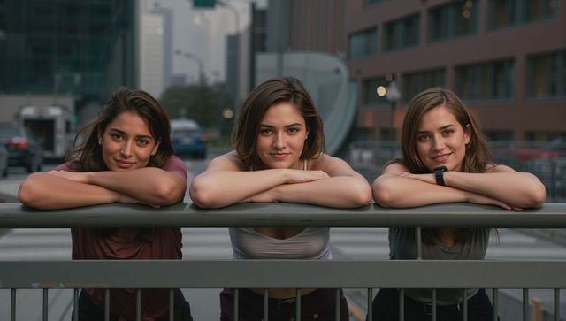 Three women leaning on downtown railing smiling and relaxing together