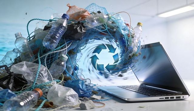 Swirling plastic vortex pulling bottles and nets into glowing recycle symbol beside laptop