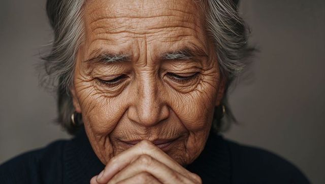 Contemplating senior woman clasping hands close-up with gold hoops and deep facial wrinkles