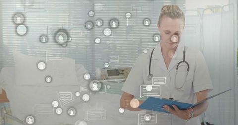 Nurse reviewing patient records with digital communication overlays in hospital room