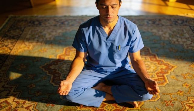 Male healthcare worker meditating in blue scrubs on sunlit patterned rug at home