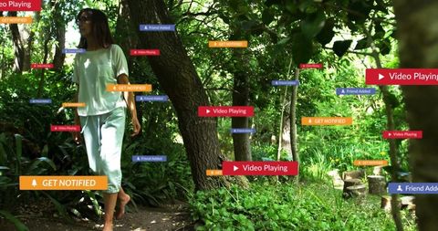 Mindful walk in forest with digital notifications around