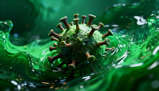 Microscopic virus particle floating in glossy green liquid with clubbed spike proteins