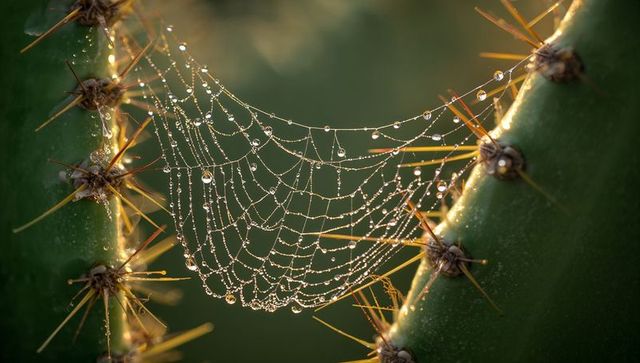Dew-Laden Spiderweb Between Cactus Spines in Backlit Morning Light, Macro Sparkling Droplets