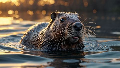 Beaver paddling in golden sunset reflections