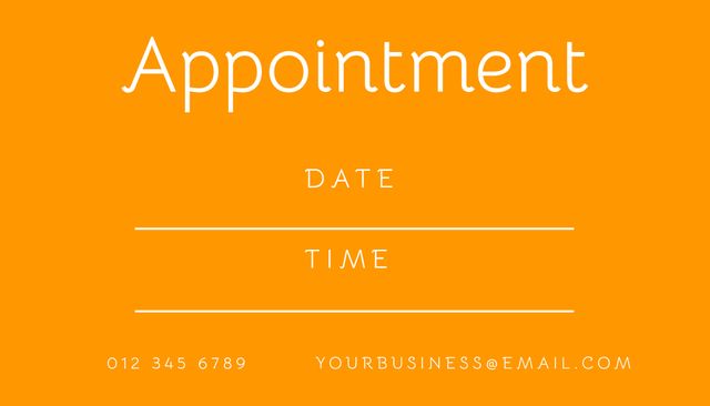 Bright orange appointment reminder template is perfect for businesses and professionals scheduling meetings and appointments. Space available for entering date, time, contact number, and email address. Highly visible and attention-grabbing design ideal for use in promotional emails, client reminders, and business events.