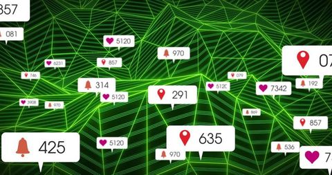 Floating notification markers on neon-green wireframe network with social icons and glow