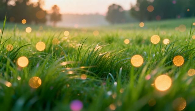 Dewy meadow grass glowing and shimmering with golden bokeh in misty sunrise