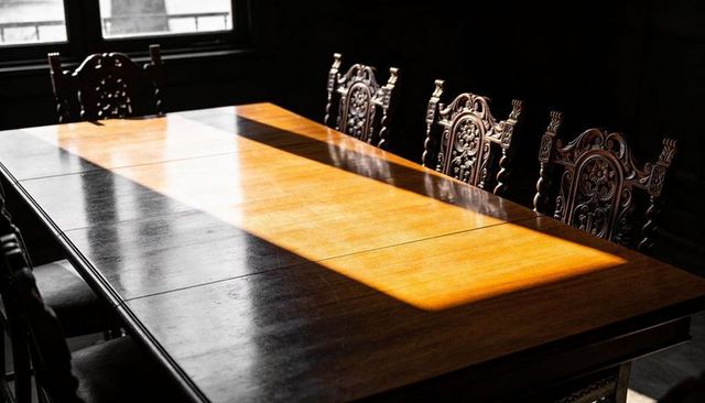 Sunlit antique dining table with ornate carved chairs and dramatic shadow play