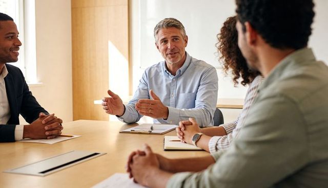 Experienced manager guiding team meeting at conference table for strategic planning