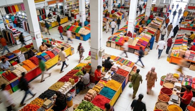Overhead view of bustling south asian market hall with colorful spice and textile stalls