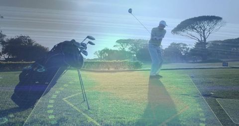 Senior Golfer Swinging on Scenic Course at Sunset