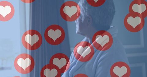 Senior Woman Gazing Thoughtfully with Overlay of Love Icons