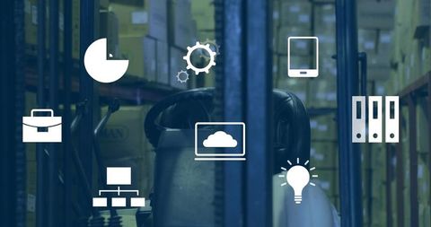 Forklift Seat Framing Showing Logistics Icons Over Warehouse Racking for Automation