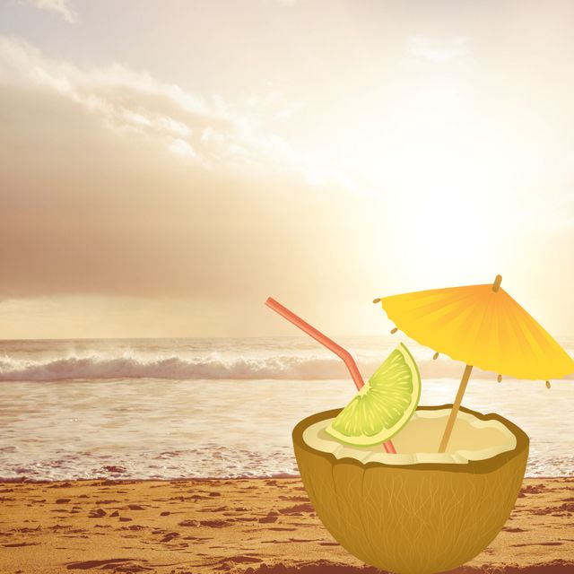 Tropical Coconut Drink with Umbrella on Sunny Beach - Download Free Stock Templates Pikwizard.com