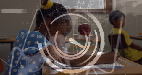 Schoolgirls Learning with Digital Interface Overlay