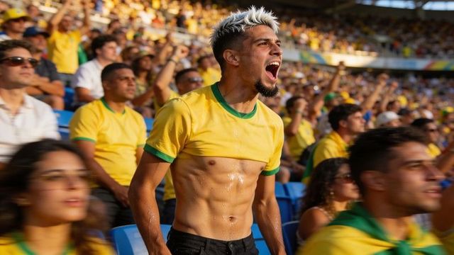 Passionate brazilian fan lifting shirt, cheering wildly in packed stadium crowd