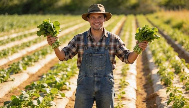 Smiling farmer holding fresh leafy greens in sunlit rows of organic vegetable field