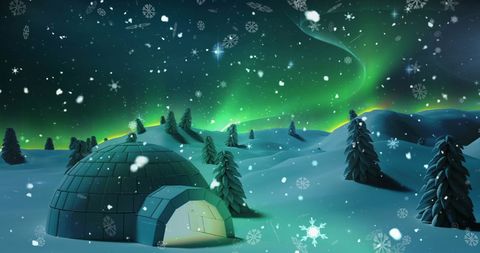 Igloo in stunning winter landscape with northern lights
