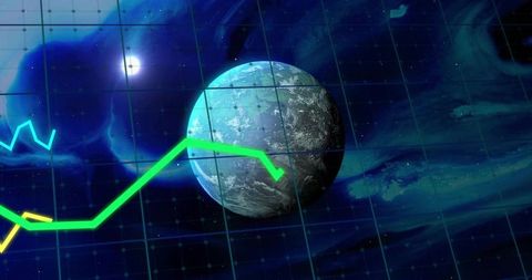 Rotating earth-like planet crossing holographic grid showing neon analytics lines
