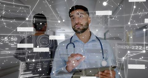 Doctor Interacting with Digital Data on Tablet in High-Tech Medical Facility