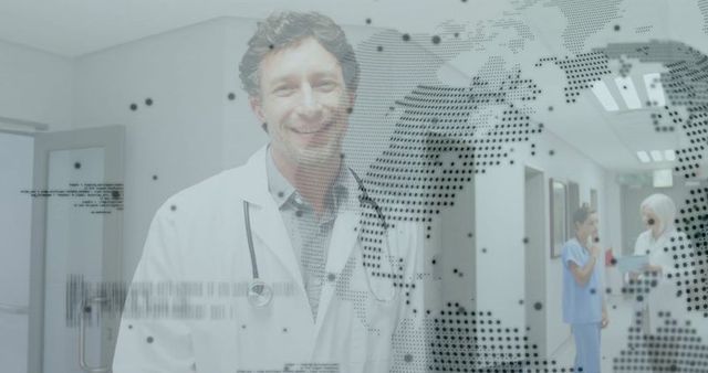 Confident Doctor in Hospital Corridor Embracing Technological Harmony