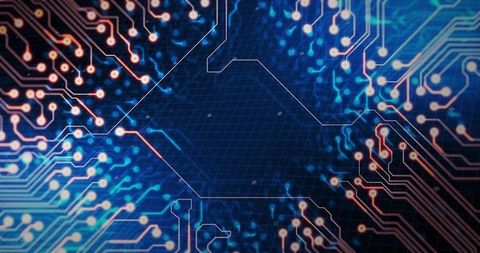 Neon Hexagon Circuit Grid with Glowing Copper Traces and Futuristic Blue Tech Aura