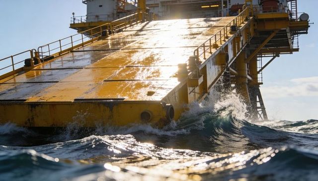 Sunlit offshore ramp glistening with sea spray and breaking waves on oil platform