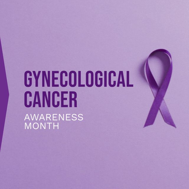 Banner promoting gynecological cancer awareness with a purple ribbon, useful for health campaigns, social media posts, awareness blogs, medical websites, and educational materials raising awareness about gynecological health issues and preventive measures.