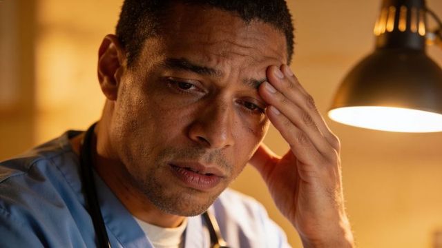 Exhausted doctor working night shift at on-call desk under lamp wearing blue scrubs and stethoscope