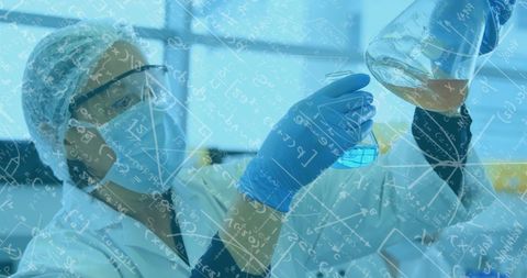 Scientist examining solutions with mathematical calculations