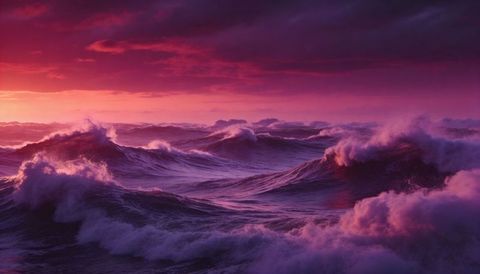 Vivid purple pink sunset waves crashing over turbulent ocean with foaming crests and mist
