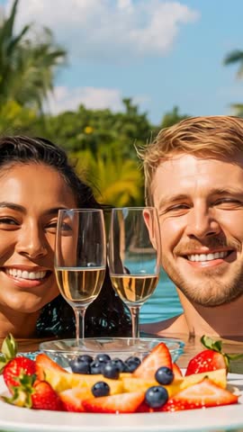 Couple clinking champagne flutes in resort pool with floating fruit tray, luxury vacation