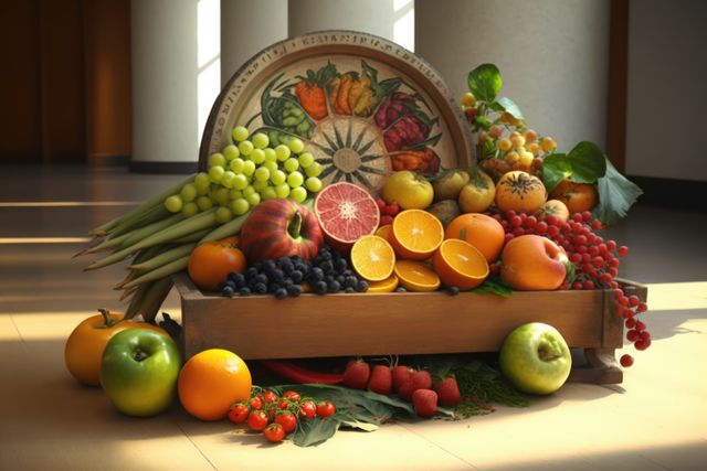 Vibrant assortment of fresh fruits displayed in a wooden crate, showcasing a variety of grapes, apples, oranges, grapefruits, berries, and other citrus fruits. Ideal for promoting healthy eating, organic food markets, nutritional blog articles, or natural product advertisements.