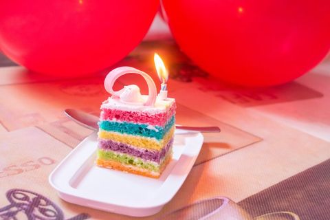 Colorful Rainbow Cake Slice with Lit Birthday Candle