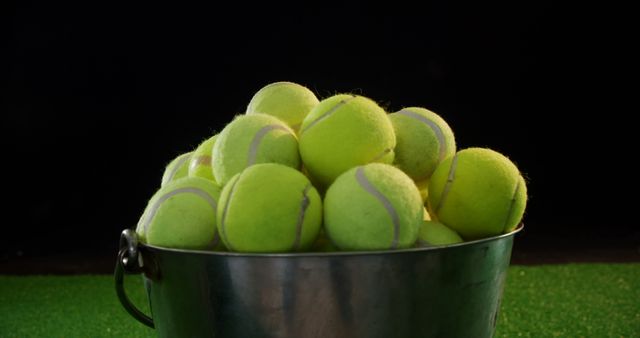 Bucket of Bright Yellow Tennis Balls on Artificial Turf and Dark Background - Download Free Stock Images Pikwizard.com