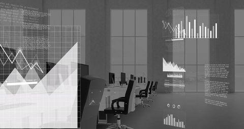 Financial data visualization over modern office space