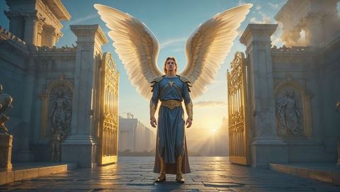 Majestic Angel with Spreading Wings in Grand Palace at Dawn