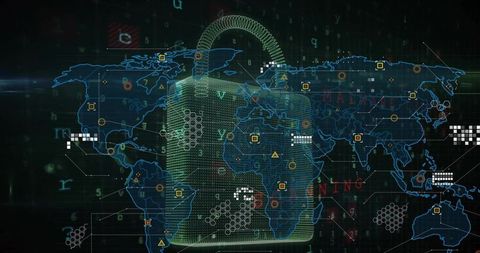 Holographic padlock guarding global network grid displaying encryption and cybersecurity