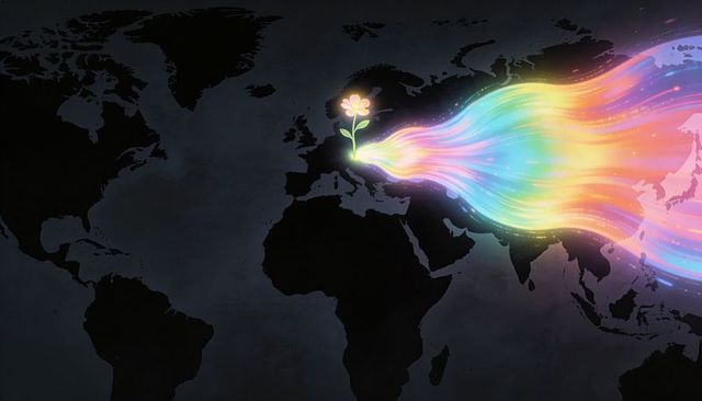 Luminous flower emitting multicolored ribbon across dark world map for global connection
